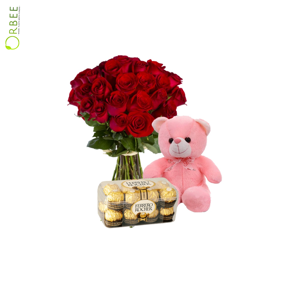 Red Roses Bunch with Ferrero Rocher and Teddy Bear